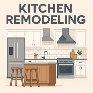 Flat-style digital illustration of a modern remodeled kitchen with central island, bar stools, and white cabinetry.