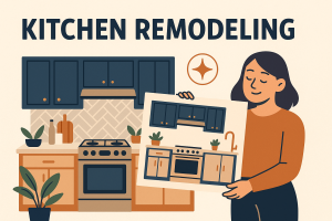  Female homeowner holding a blueprint of kitchen cabinet layout with upgraded design ideas. Place Below This Line (Cost Breakdown Section):