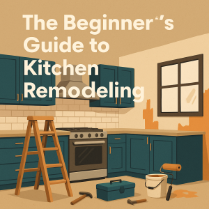 Illustration of a kitchen mid-renovation with tools, ladder, and partially painted walls to reflect ongoing remodeling work.