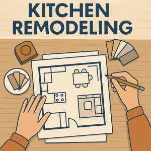  Overhead illustration of hands sketching a kitchen floor plan with swatches and measuring tape.